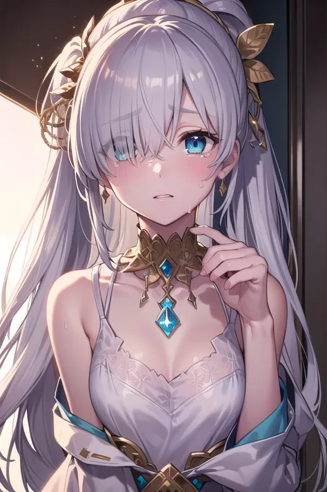 (((ponytail)))),((),fgo anastasia,(((()))), ((Both arms are tied behind their backs))blue eyes, Grey Hair, Hair between the eyes, (Hair on one eye:1.5), Long Hair, bangs,Exposed shoulders,Beautiful eyes like jewels,((((((Portrait of a single person)))))),(...