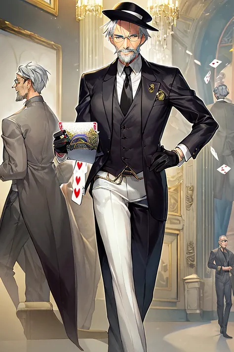 masterpiece, best quality, older man, skinny, very skinny, very short hair, gray hair, unshaven beard, circular glasses, black hat, black gloves, white shirt, beige jacket on top, friendly smile, poker card in his hand , look ahead. poker card, malicious l...