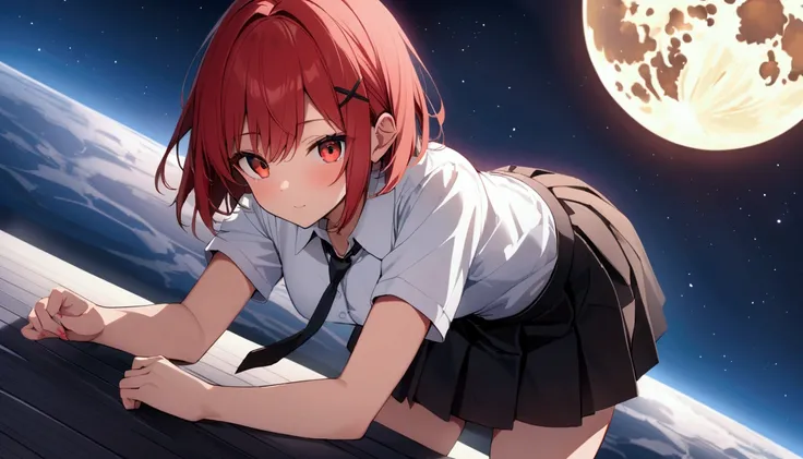 short hair, (Red hair:1.2), x Hair ornament, Red eyes,tie, girl,One person, Collared shirt, White shirt, Short sleeve, Pleated skirt, student, Highest quality, masterpiece, High resolution,universe、universe区間、Lunar Surface、full moon、Lunar Surfaceを歩く、