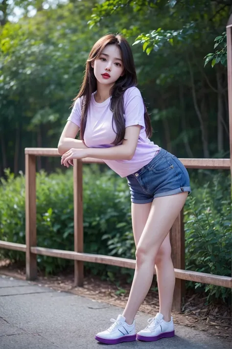 A very cute girl, solo, young, wearing purple tshirt and short pants, big breasts, white and smooth skin, standing, long hairs, red lip, at forest realistic face, full body, blue shoes