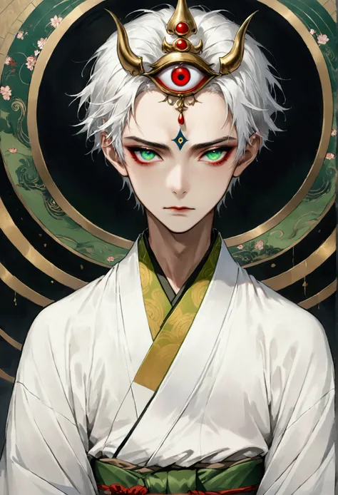 (((1Boy wearing a crown，独奏，third eye on the forehead，Dark eyeshadow.Middle-parted white hair-super short hair，))),(((Gorgeous Japanese kimono：1.6，Eye Diagram，Dark Pattern))).(((Thin waist，Greenbelt：1.37)))，cool