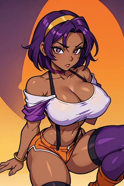 Yoruichi Shihoin, Faye Valentine, cleavage, 25yo woman, hazel eyes, yellow hairband, orange crop top, red shirt, off shoulder, tied shirt, suspenders, midriff, orange shorts, thighhighs, high heel boots, short hair, purple hair, beautiful woman, hourglass ...