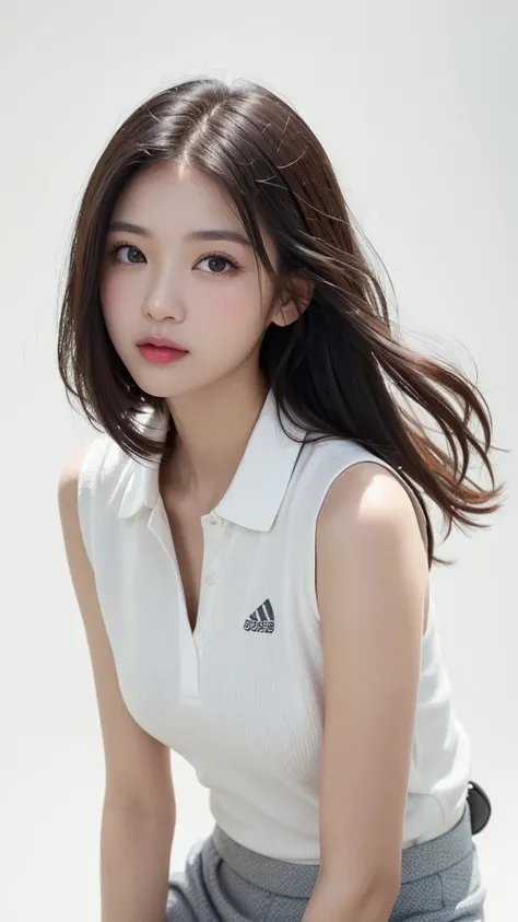 (((forehead、Northern Europe、White、beautiful girl、Black Hair、White Background、Golf Wear、cute、young、True Face、Shiny Hair、whole body)))、Tabletop, Highest quality, shape, Very detailed, finely, High resolution, 8k wallpaper, Perfect dynamic composition, finely...