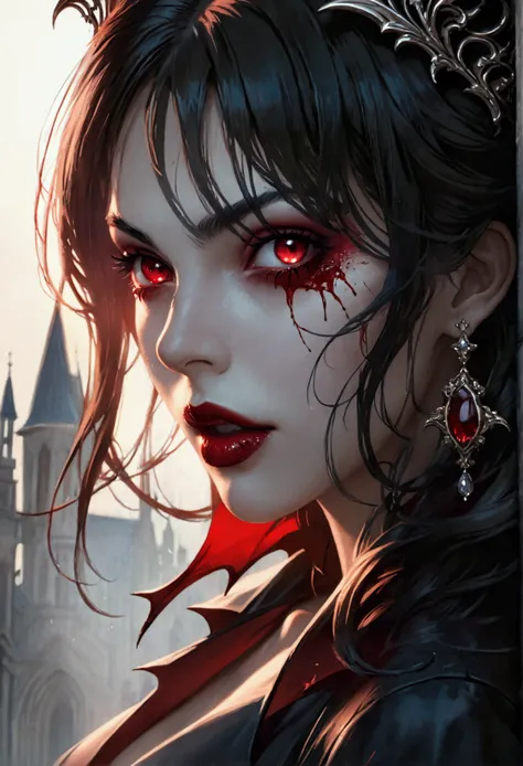 portrait of vampire with a bloody tear coming down from he eye, an exotic beautiful female vampire, dynamic hair color, dynamic hair style, ultra detailed face, best detailed face, dynamic eye color, ((1single red tear made of blood coming down from the)),...