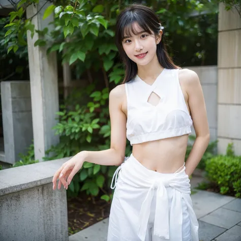 日本people、１people、The most beautiful woman、smile、Shyness、clear、Shiny black hair、((Standing with legs wide open))、Photo Style、length, bangs、Pigtails、light makeup、Standard face、(((Wearing a white Etchu loincloth)))、((Light clothing:0.5))、(She is hiding her br...