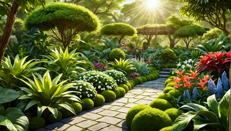 Hyperrealistic photo of a lush, flourishing garden of vibrant flora and fauna, each leaf and bloom teeming with life and vitality. The suns warm rays illuminate the scene, casting a golden glow over the verdant landscape. You can almost feel the fresh, cri...