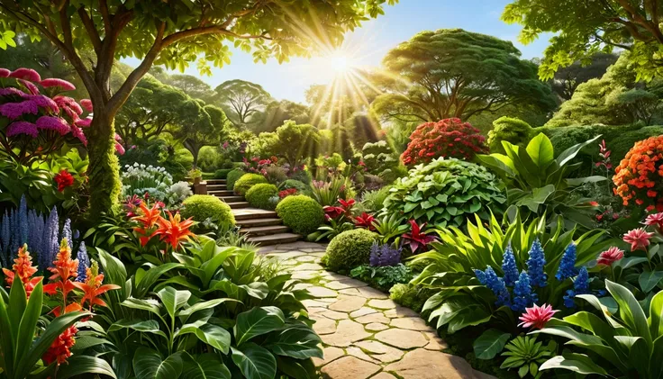 Hyperrealistic photo of a lush, flourishing garden of vibrant flora and fauna, each leaf and bloom teeming with life and vitality. The suns warm rays illuminate the scene, casting a golden glow over the verdant landscape. You can almost feel the fresh, cri...