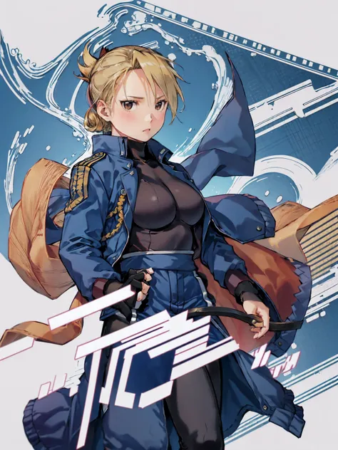 masterpiece, Highest quality, High resolution, One girl, (Riza Hawkeye, Blue jacket), Folded ponytail, Brown eyes, , (uniform, Blue jacket, Blue pants), ,Big Breasts,
