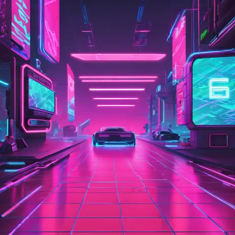 create a digital artwork for a website background that combines vaporwave, cyberpunk, and pre-columbian aesthetics. the scene sh...