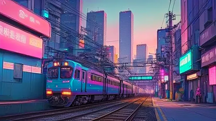 there is a train that is going down the tracks in the city, Vaporwave City, Japanese cities pop color palette, Dreamy and colorful cyberpunk colors, The aesthetics of vaporwave, colorful aesthetic, Japanese cities, The Aesthetics of Synthwave, Colorful Fox...