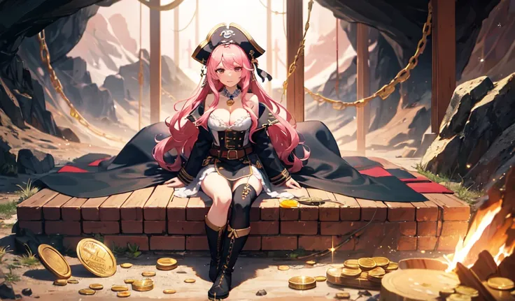 masterpiece, Highest quality, One girl, alone, a girl in pirate suit with Long Hair sitting on the treasure and coin in a cave, treasure, gem, gem, coin, Glitter, Long Hair, Pink Hair, Cleavage, Captain Hat, boots, Frills, Long coat, belt, Crossed_feet, Pr...