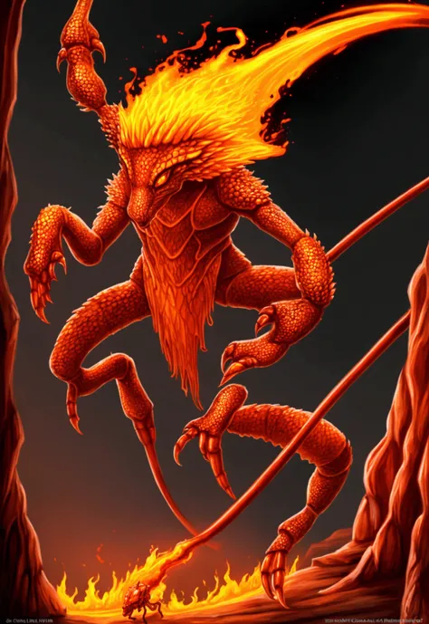 Fire creature, hybrid, fire ant, fire lizard, six legs, in cave, fire