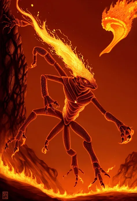 Fire creature, hybrid, fire ant, fire lizard, six legs, in cave, fire