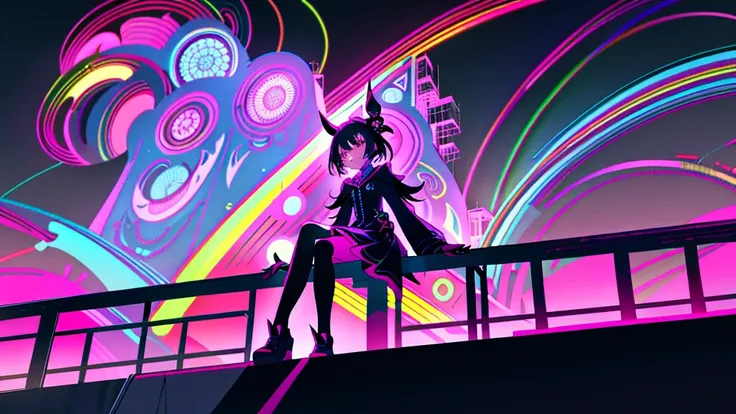 A captivating anime-style scene of a girl sitting on a railing in a brightly colored, neon-outlined urban landscape at night. The intricate architecture and vibrant rainbow lines contrast beautifully with the black background, creating a futuristic and mag...