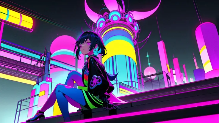 A captivating anime-style scene of a girl sitting on a railing in a brightly colored, neon-outlined urban landscape at night. The intricate architecture and vibrant rainbow lines contrast beautifully with the black background, creating a futuristic and mag...