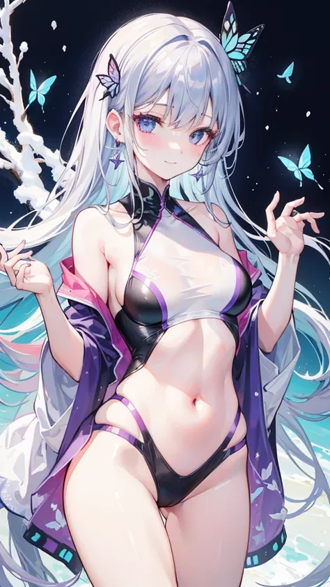 32K, 1girl, 独奏, 

High resolution, masterpiece, accurate, Anatomically correct, Winner of numerous awards, Highest quality, 
heavy bangs, long hair to the waist, silver hair, gradation of red-purple tips, ice blue eyes, butterfly hair ornament, butterfly e...