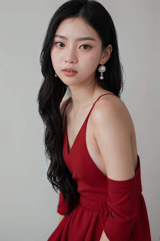 photo of a a korean girl with pale skin, long black hair and ice blue eyes, (Adorned in a sexy red dress,, and pearl earrings, she captures the elegance, RAW photo, 8k UHD, soft lighting, high quality, film grain, Fujifilm XT3, 16mm, color graded portra 40...