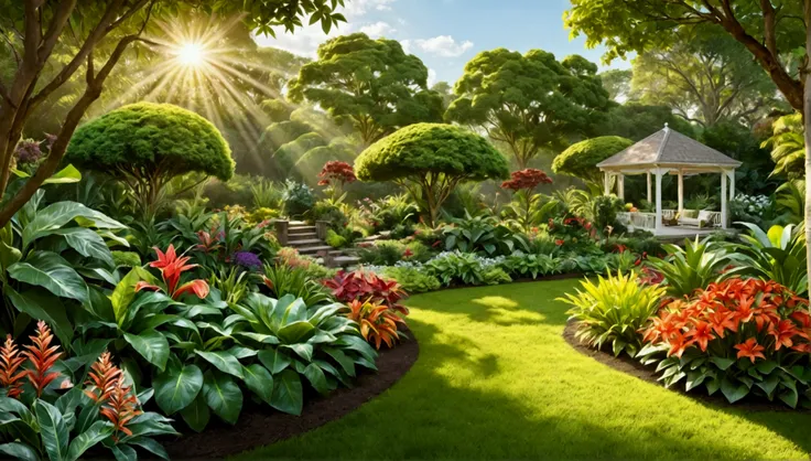 Hyperrealistic photo of a lush, flourishing garden of vibrant flora and fauna, each leaf and bloom teeming with life and vitality. The suns warm rays illuminate the scene, casting a golden glow over the verdant landscape. You can almost feel the fresh, cri...