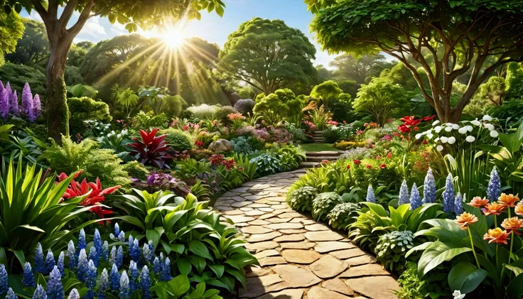 Hyperrealistic photo of a lush, flourishing garden of vibrant flora and fauna, each leaf and bloom teeming with life and vitality. The suns warm rays illuminate the scene, casting a golden glow over the verdant landscape. You can almost feel the fresh, cri...