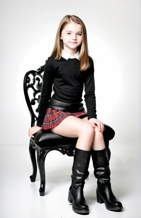 beautiful 15 year old teenager in a short skirt sitting on a throne in black boots on a white background