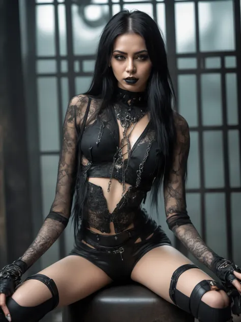 photo of a woman in black open intricate revealing femdom clothes, edgy and long hairstyle, crop-top, panties, metal jewelry, dy...