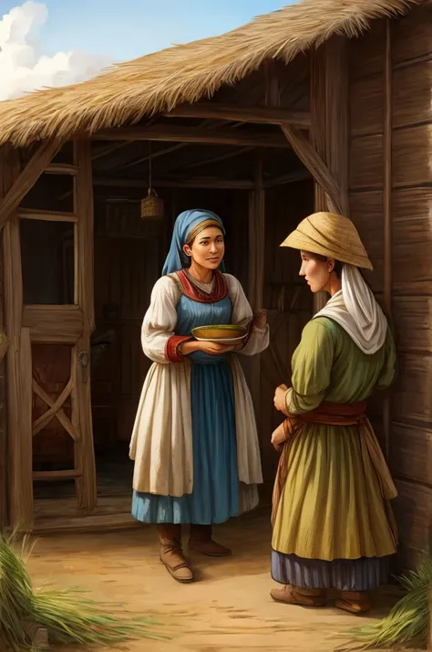 Peasant woman talking to her peasant parents inside a rural house