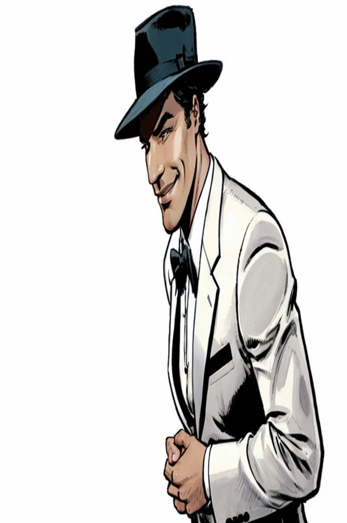 1 person, full length man, formal suit, Full side view, smile, detailed eyes, dark short hair, man takes off his hat, hat in hand, White background,Marvel Comics Style, comics