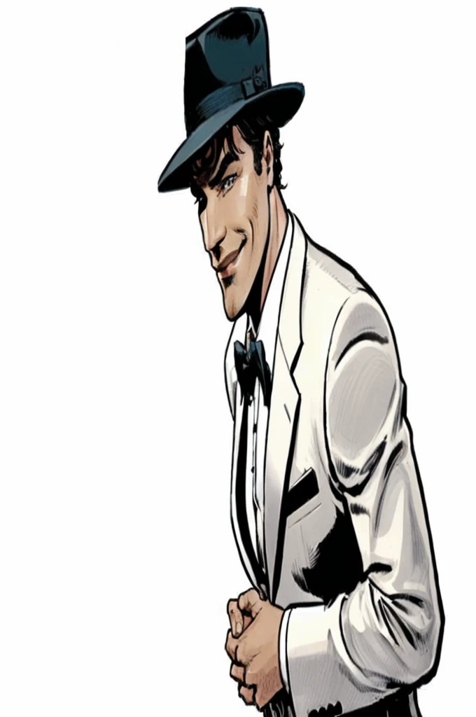 1 person, full length man, formal suit, Full side view, smile, detailed eyes, dark short hair, man takes off his hat, hat in hand, White background,Marvel Comics Style, comics