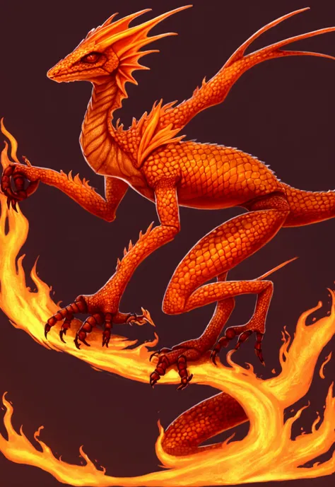 Fire creature, hybrid, fire ant, fire lizard, axolotl, big, six legs, in cave, fire