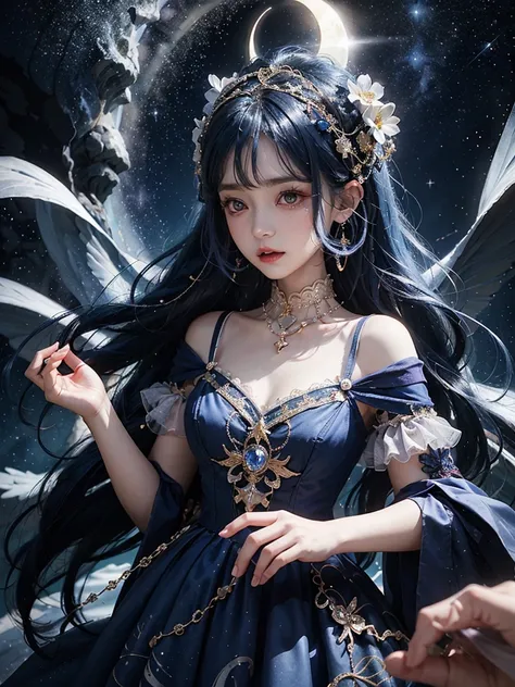 Ultra HD、A beautiful blue-haired character、Upper Body、幼児のようなBig eyes、Big eyes、Round eyes、Fortune teller with crystal、Red burning cheeks、Night scene with starry sky background、Wearing a gorgeous dress、Subtle details、A fantastic atmosphere、Anime style