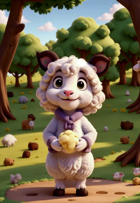 Cartoon character of a little white sheep, sitting, grazing in enchanted forest 