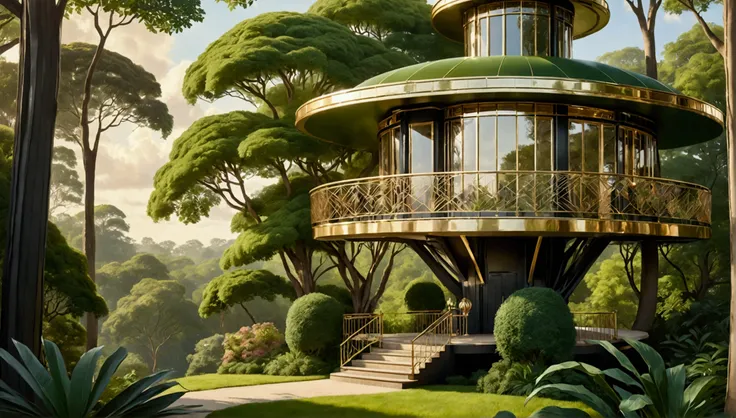 A decadently elegant treehouse in art deco style, each element exudes opulence amidst natures embrace: sleek, geometric lines contrast against lush green foliage, while glistening metallic accents catch the sunlight. This stunning painting depicts a treeho...