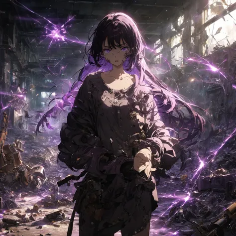 a lady Wearing a very unique casual styled outfit, purple shadows hollow surrounding her, her expression is mostly blank and neutral, with eyes slightly open and a straight mouth, weapons that are made out of purple shadow swirling in the air, more weapons...