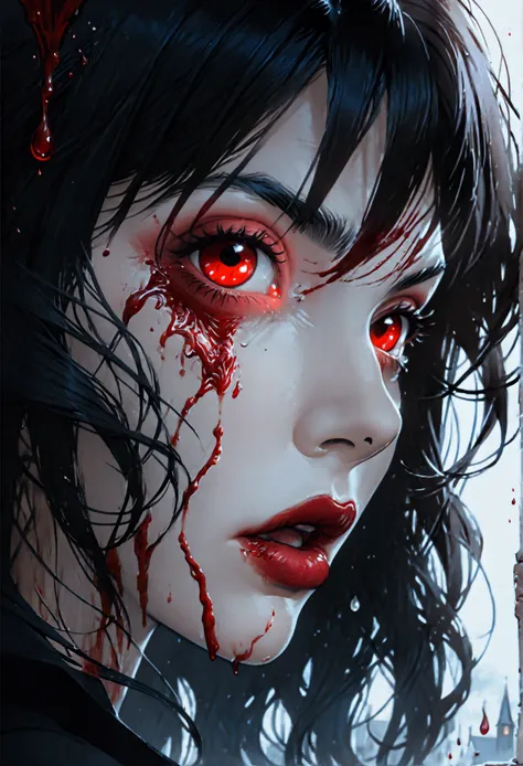 a portrait of vampire with a bloody tear coming down from he eye, an exotic beautiful female vampire, dynamic hair color, dynamic hair style, ultra detailed face, best detailed face, dynamic eye color, ((1single red teardrop, teardrop made of blood coming ...