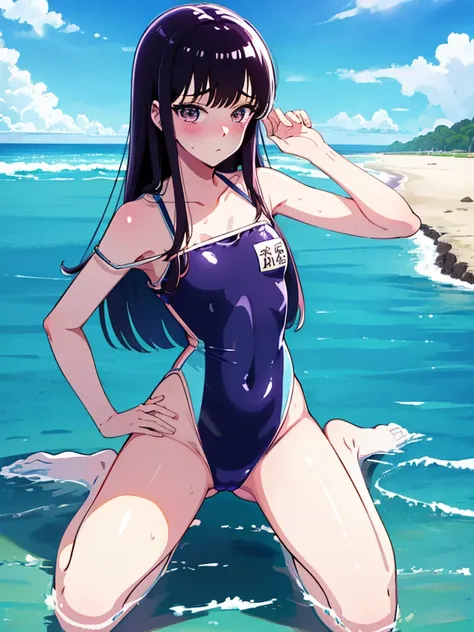 ランダムなポーズ、Random patterned swimsuit、Swimsuit,,Blushing、Pale brown eyes、Dark purple hair、Semi-long hair、Head to toe full body、Blushing、Embarrassed look、Composition from the front、A view from slightly below、school swimwear、Acme Face、Random pose、, 、nsfw、Highes...