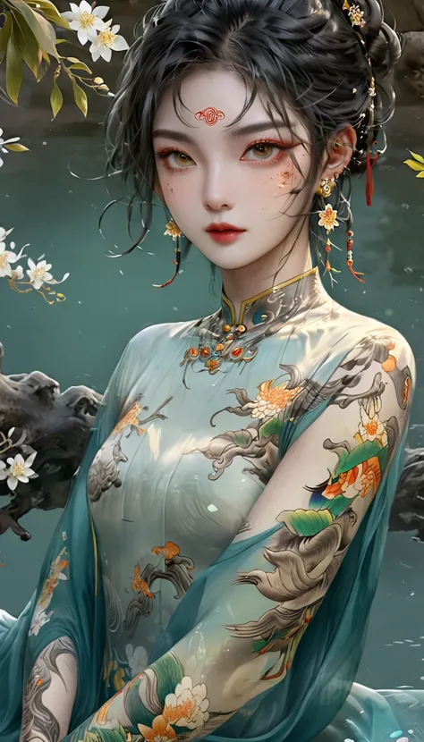 Chinese Beauty, Charming temperament, floating long dress, Clear face, beautiful eyes, Around osmanthus flowers, A masterpiece of perfect body structure proportions, Very detailed, Epic creation, Color Tattoo Art, Neo-Traditional Tattoo Art, SD tattoo desi...