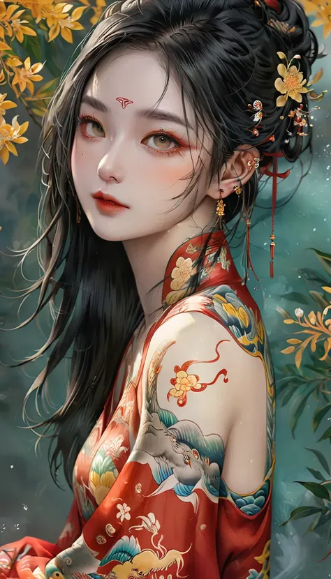 Chinese Beauty, Charming temperament, floating long dress, Clear face, beautiful eyes, Around osmanthus flowers, A masterpiece of perfect body structure proportions, Very detailed, Epic creation, Color Tattoo Art, Neo-Traditional Tattoo Art, SD tattoo desi...