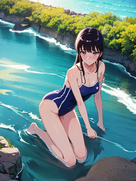 ランダムなポーズ、Random patterned swimsuit、Swimsuit,,Blushing、Pale brown eyes、Dark purple hair、Semi-long hair、Head to toe full body、Blushing、Embarrassed look、Composition from the front、A view from slightly below、school swimwear、Acme Face、Random pose、, 、nsfw、Highes...