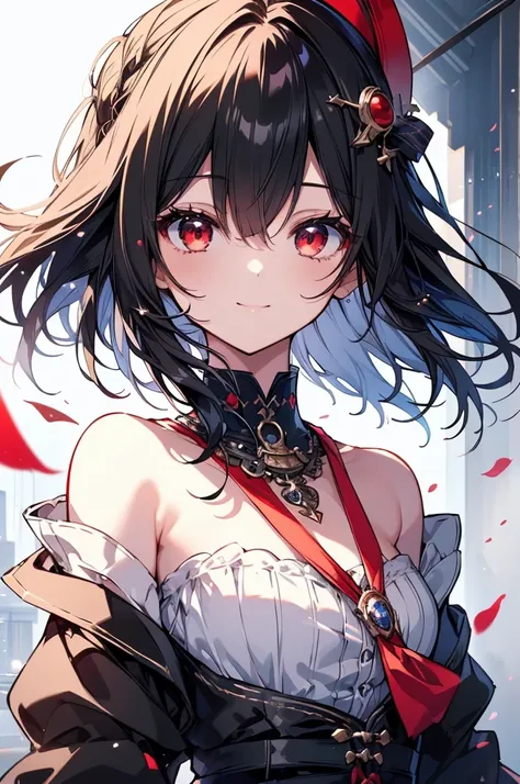 (masterpiece, highest quality, highest quality, (No text), Beautiful and aesthetic:1.2),No text,アニメ、BREAK,One Girl，Black Hair Girl　short hair　older sister　choker　Beautiful eyes　Red eyes　cool　smile　Red and Black　one piece　mini skirt　whole body　In town