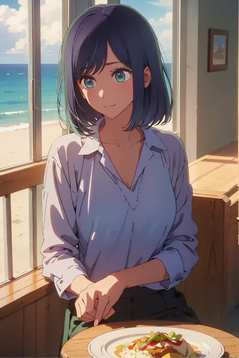 (Highest quality:1.4、masterpiece:1.4、Super detailed:1.4、8k:1.4)、((((1 person、Surprised expression、sit、Cafe Terrace、coastal、juice、table、Sandy Beach、juiceのグラスを持つ、The shirt is unbuttoned、Big eyes、Very cute face))))、F cup bust、Medium breast、Underboob