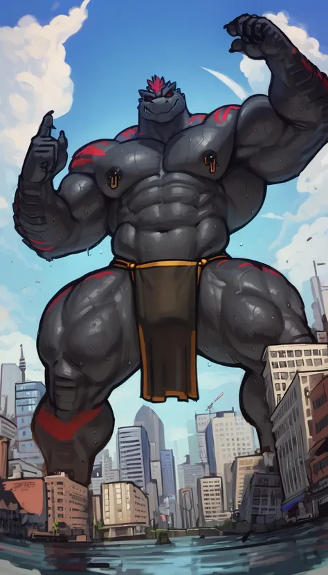 low angle view, down to top view, perspective, perfect framing, cinematic shot, cinematic framing, on horizon line, horizon visible, wide shot, macro, extremely tall, incredibly huge, insane height, in tiny city, gray countershade, black bara godzilla, dar...