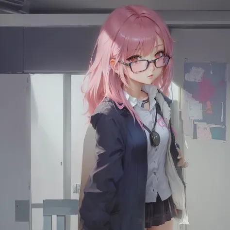 anime girl with pink hair and glasses standing in a room, painted in anime painter studio, made with anime painter studio, soft anime illustration, Gweiz-style artwork, Zerochan Art, digital anime illustration, portrait anime girl, beautiful anime high sch...