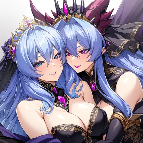 ((Highest quality)), ((masterpiece)), (detailed), （Perfect Face）、The woman is hugging and kissing the great evil demon king man、The woman is the evil queen, Extia, with medium-long blue hair, a gorgeous black wedding dress with gold embroidery and trim, a ...