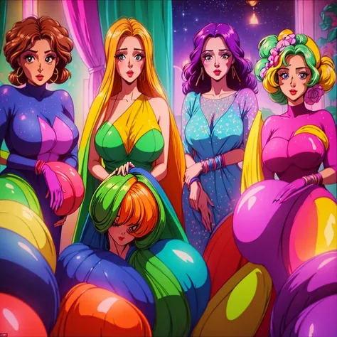 (Masterpiece) (4k) (vivid colors) ((several women)) (evening light)Familia de several women llamativas y sensuales de edades de entre 13 años a 40 años, with the size of their breasts corresponding to their ages