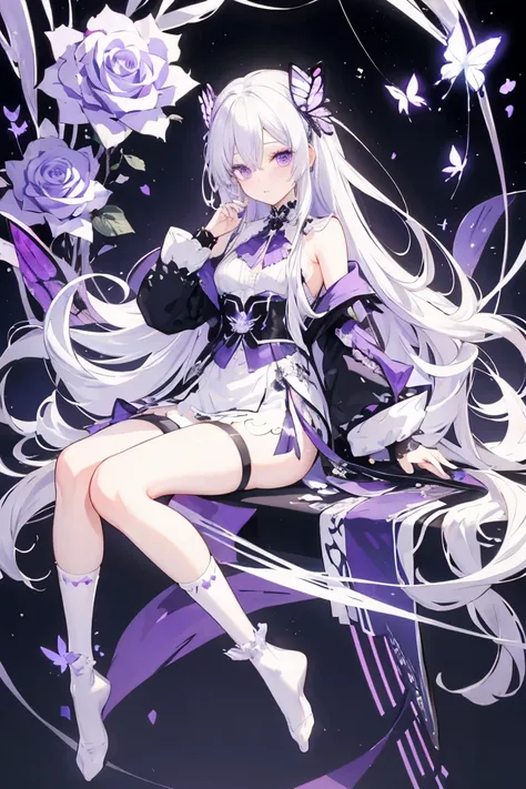 Silver Hair，crystal hair, Butterfly，Long white hair，8k wallpaper，Detailed background，Maximum resolution，Hair covers one eye，Drawcord，Chies，purple Rose，Tight Fit，高筒Socks，Socks