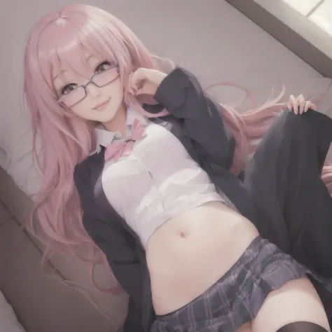 Anime Girls with pink hair and glasses laying on a bed, seductive Anime Girls, Smooth anime CG art, Beautiful anime school girl, cute Anime Girls, hyperRealistic school girl, Soft anime illustration, Realistic school girl, Anime Moe Art Style, Surreal , An...