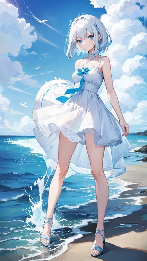 White and blue lace short dress，Cool white-haired girl on the coast（（Full body pictures）），Perfectly proportioned body，slim，Lively, Cheerful and happy，Ultra-clear