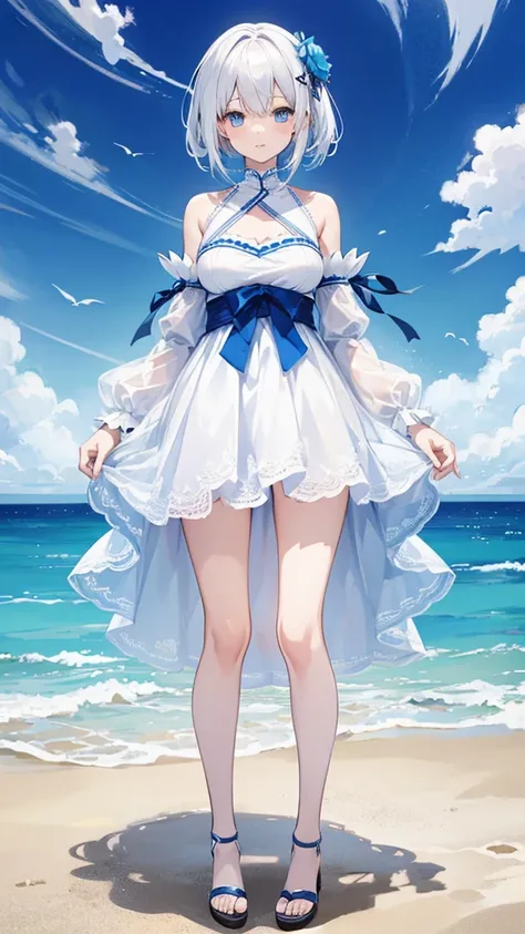 White and blue lace short dress，Cool white-haired girl on the coast（（Full body pictures）），Perfectly proportioned body，slim，Lively, Cheerful and happy，Ultra-clear