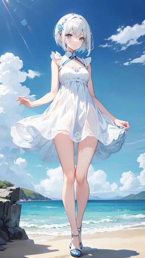 White and blue lace short dress，Cool white-haired girl on the coast（（Full body pictures）），Perfectly proportioned body，slim，Lively, Cheerful and happy，Ultra-clear