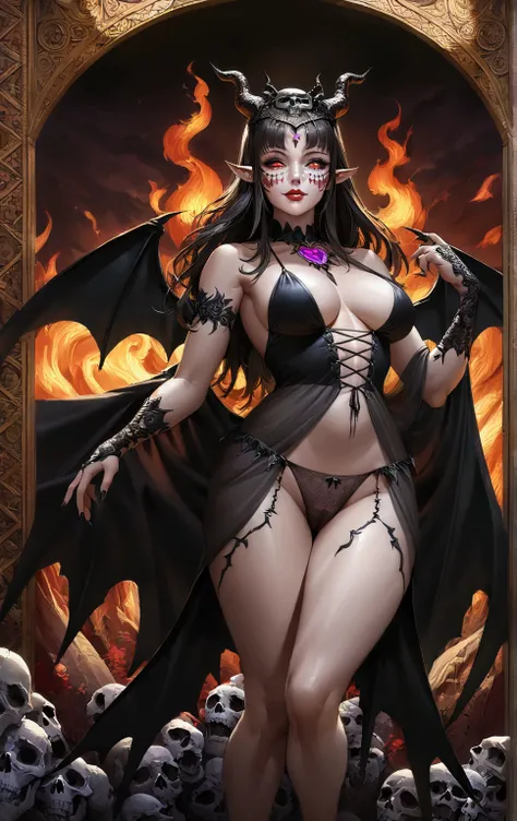 1girl, mature, milf, 50 years old, full body portrait, ancient succubus, athletic, day of the dead facepaint, straddling over the camera with legs spread wide open, open legs, see through panties, pubic hair, demon wings, horns, fire and brimstone eruprion...